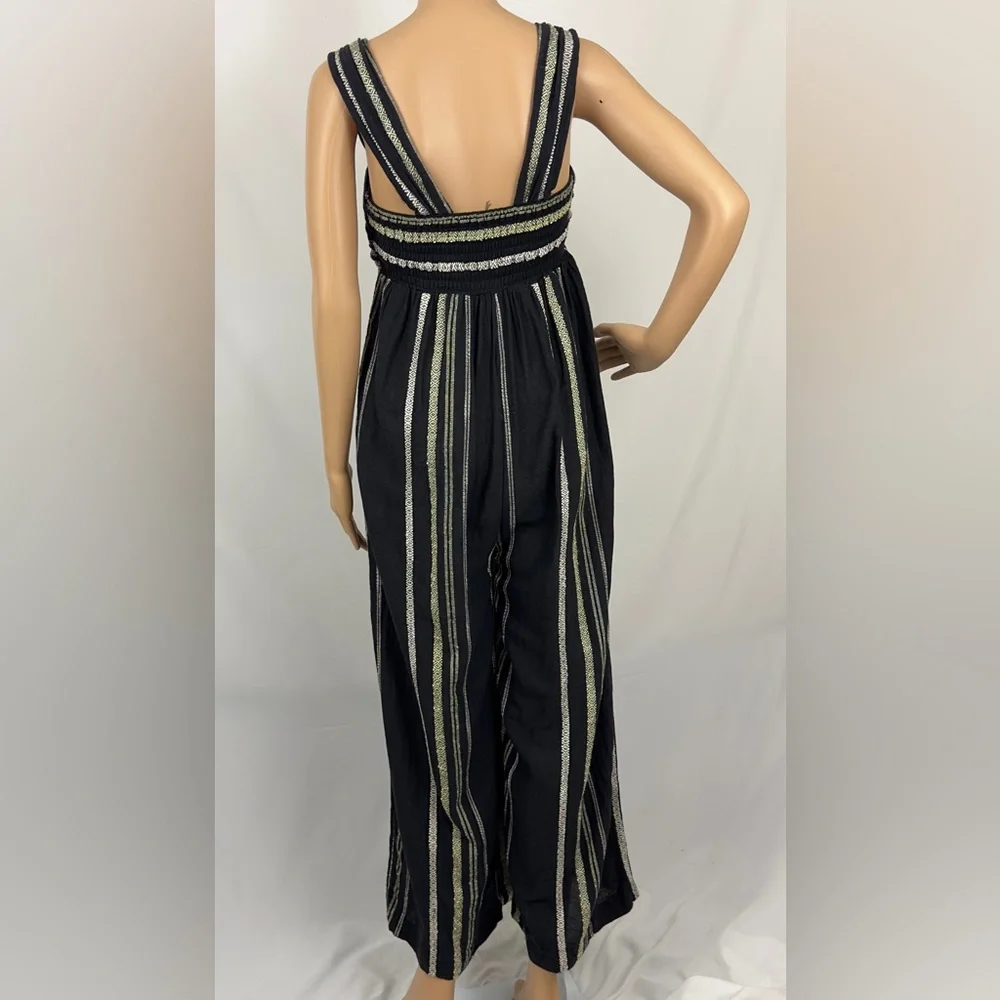 FREE PEOPLE BLACK STRIPED JUMPSUIT WIDE LEGS POCKETS TWIST FRONT SHIRRED… - Picture 7 of 10